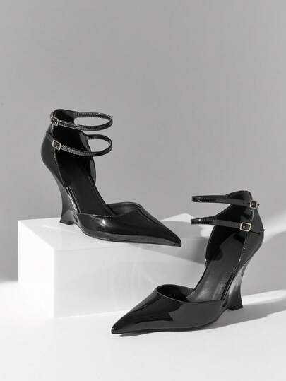 SHUZIA Women's Fashionable Sexy Pointy Toe Double Ankle Strap Wedge Pumps
