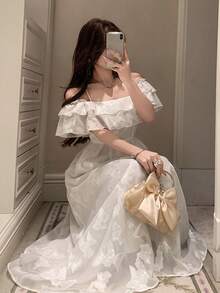 DAZY Women's Elegant Floral Off-Shoulder Ruffle Hem Mid-Length Dress, Summer - Beige - View 1