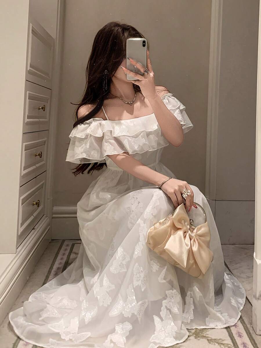 DAZY Women's Elegant Floral Off-Shoulder Ruffle Hem Mid-Length Dress, Summer - Beige - View 1