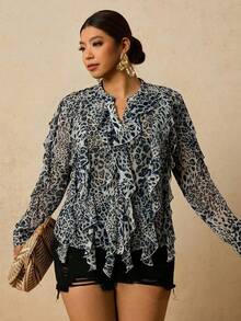 Travachic Plus Size Women Chiffon Leopard Print Long Sleeve Blouse, Leopard Print Ruffle Hem Shirt - Multicolor - View 5