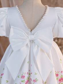 少女可爱优雅花卉图案蝴蝶结无袖连衣裙 - 白色 - 查看 3