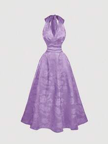 SHEIN MOD 红色缎面花卉提花露背V领长裙，饰有蝴蝶结——复洛克风格，适合约会、派对、宫廷盛装、节日庆典、生日及舞会穿着。 - 淡紫色 - 查看 5