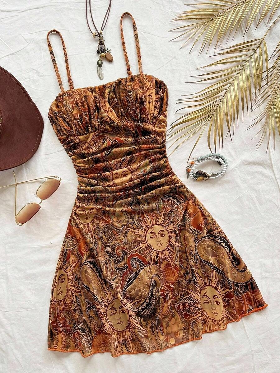 Soleia Vestido mini con volantes y estampado de cara de sol para vacaciones de mujer - Naranja - Ver 1