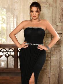VOLUPTÉ CURVE Robe longue noire pour femme grande taille, printemps/été, sans bretelles, avec perles, fente, moulante et slim, élégante et décontractée, pour anniversaire et invitée de mariage - Noir - Voir 6