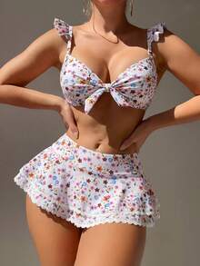 Swim Mod Bộ bikini nữ họa tiết hoa nhí, in ngẫu nhiên, quần bikini kèm váy. - Nhiều màu - Xem 5
