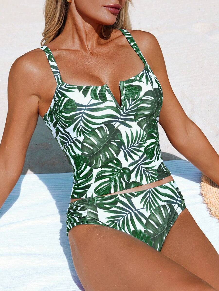 Swim Lushoire 女士V领褶皱印花吊带比基尼上衣 - 彩色 - 查看 1