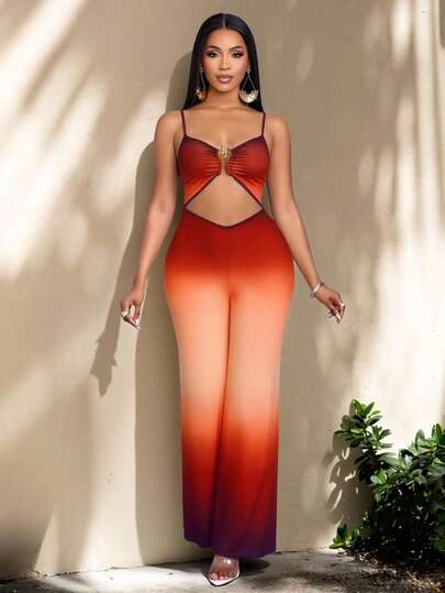 SOLERSUN Women's Ombre Metal Decor Casual Daily Wear Jumpsuit With Wide Leg