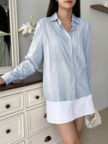 DAZY Camisa de mujer de manga larga con cuello vuelto, suelta y lisa, blusa, ropa de otoño - Azul - Ver 3