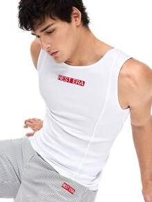 Men's REST ERA White Sleeveless Fitted Vest Top With Red Letter Print - White - View 1