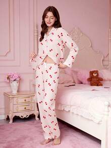 Bonmuse 条纹爱心印花女士泡泡褶皱长袖睡衣套装 - 粉色 - 查看 4