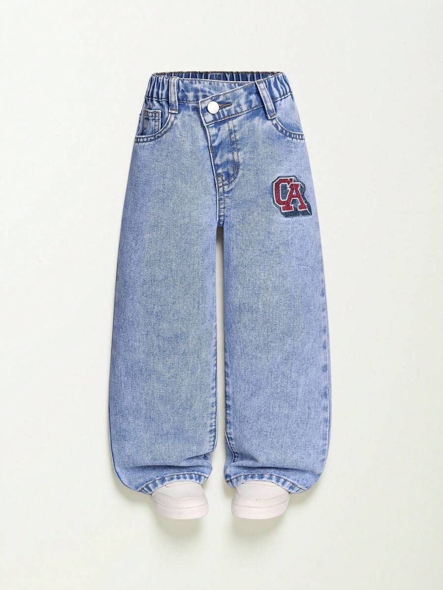 SHEIN Casuvi Kids 少女寬鬆牛仔褲 中洗藍色 返校季夏季街頭風 Y2K 不對稱彈性腰 水鑽裝飾 寬鬆直筒棉質丹寧 - 淺藍色 - 查看 1