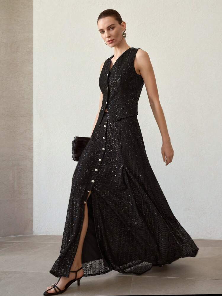 SEQUIN SOLID SINGLE BREASTED FRONT SKIRT