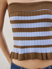 Nöista Strapless Ribbed Knit Top Features Horizontal Brown And Blue Stripes With A Ruffled Hem, Offering A Flattering, Fitted Silhouette. Perfect For Layering Or Wearing Alone, It Adds A Casual Yet Stylish Touch To Any Outfit. - Multicolor - View 9
