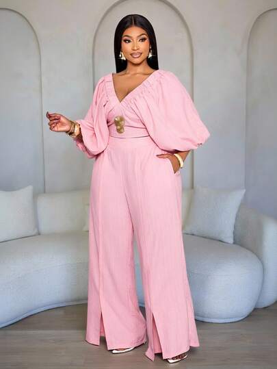 SOLERSUN Women's Summer Beach Vacation Style Blush Pink Deep V-Neck Puff-Sleeved Ruffled Backless Gold Embellished Crop Top & Wide Leg Pants Formal Outfit For Wedding/Brunch,Ladies Casual Ruffle Sleeve Shirred Short Sleeve Regular Fit Pink Viscose Puff Sleeve Pants Women Two Pieces Outfits,Spring/Summer,Casual Daily Wear, Quiet Luxury Vacation