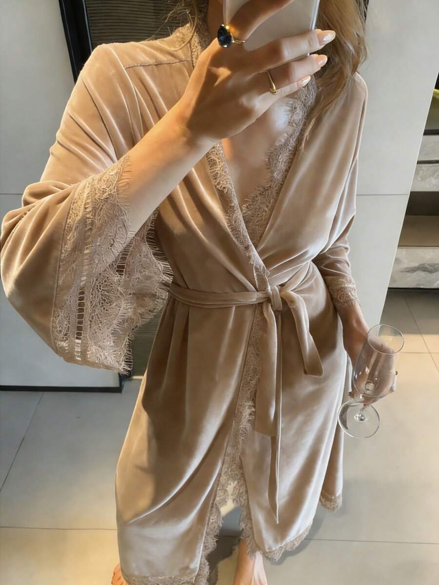 DAZY Women's Loose Fit Long Velvet & Lace Patchwork Robe, Spring Outfit - Beige - View 1