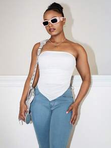 Steph T 不对称下摆露肩上衣，女士休闲不对称，褶皱露肩修身白色纯色女士上衣，春夏，休闲日常穿着 - 白色 - 查看 1