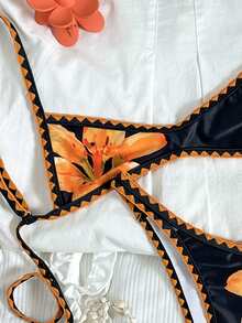 Swim Mod Women's Cream Yellow & Pink Floral Crochet Shell Trim Micro Bikini Set, Spring/Summer - Multicolor - View 3