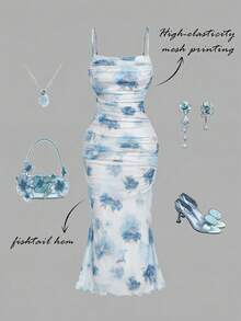 SHEIN MOD Đầm xếp ly màu hồng lãng mạn, họa tiết hoa nhiều màu sắc – Hoàn hảo cho kỳ nghỉ, hẹn hò, dã ngoại, tiệc tùng, dạ hội, lễ hội và sinh nhật; Lãng mạn và dễ thương - Màu xanh nhạt - Xem 2