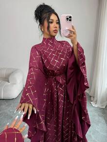 Elenzga 女士箔片格纹高领喇叭袖优雅长裙 - 紅色 - 查看 4