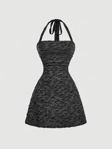 Skyraze Women's Solid Color Bodycon Halter Neck Sleeveless Mini Dress - Dark Grey - View 3