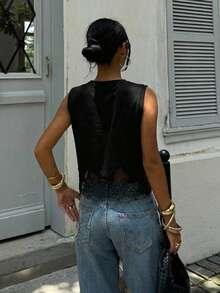 Siren Gaze 女士纯色圆领撞色蕾丝休闲背心 - 黑色 - 查看 2