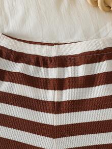 Toddler Boys' Brown & White Striped Bear Embroidered Sleeveless Vest With Shorts, 2pcs Casual Homewear Set - Coffee Brown - View 6