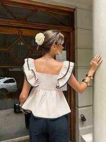 Serisse 女士纯色甜心领荷叶袖时尚衬衫 - 杏色 - 查看 3