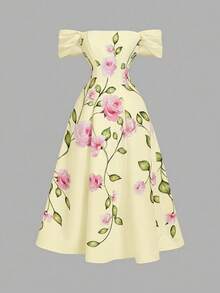 SHEIN MOD Đầm midi nữ trễ vai in hoa, thanh lịch, thắt eo, thích hợp cho hẹn hò và tiệc tùng. - Màu vàng - Xem 3