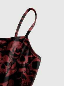 ROMWE Goth 哥特式骷髅印花性感吊带迷你连衣裙，女士春夏款 - 黑色 - 查看 3