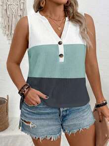 新款加大码女式休闲百搭撞色V领背心 - 彩色 - 查看 5