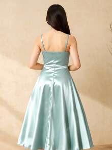 SHEIN 少女优雅连衣裙，绿色吊带修身针织缎面连衣裙，春夏时尚高端连衣裙 - 綠色 - 查看 2