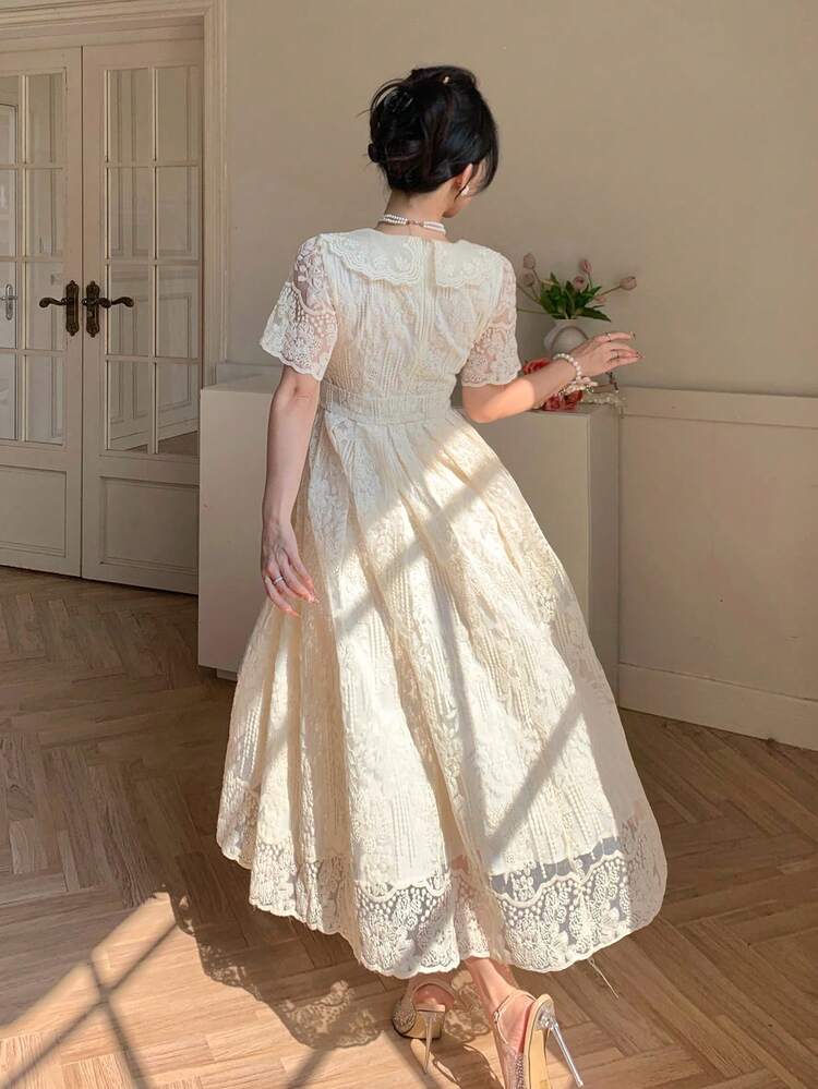 Women's Elegant Lace Collar Ruffle Sleeve Belted Mid-Length Dress, Summer,Wedding Guest Dress Women