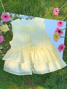 Comfortcana Women's Front Tie Light Yellow Ruffle Hem Sleeveless Blouse, Summer Yellow Babydoll Top - Yellow - View 4