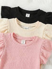 SHEIN 3件套女童纯色圆领荷叶边修身T恤套装 - 彩色 - 查看 7