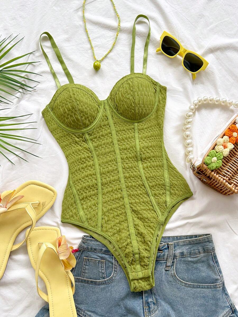 Soleia Leopard Print Bustier Lace Trim Camisole, Sexy Vacation, Party, Date, Valentine's Day, Afternoon Tea Wear,Green,Beach Vacation Outfits For Women - Green - View 1