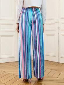 LOTSLUV Women's Blue & Green Striped Print Business Casual Straight Leg Pants With Pockets, Spring/Summer,Women's Pants,Joggers Women,Baggy Pants,Pants For Women - Green - View 2