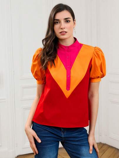 LOTSLUV Camisa de bloque de color con cuello alto, manga abullonada y botones delanteros en fucsia, naranja y rojo para mujer, primavera/verano