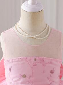 SHEIN Glamorique Kids Toddler Girls' Princess Dress, Pink Embroidered Dress, Sequins, 3D Flowers, Birthday Party, Wedding Holiday Dress, Flower Girl, Sleeveless, Back Bow Tie, Pearl - Pink - View 8