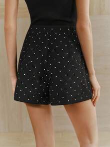 Anewsta 优雅派对波点印花短裤，女士A字廓形黑色修身百搭裤，可爱波点裤，黑色波点短裤，金色纽扣短裤，女士短裤 - 黑色 - 查看 7