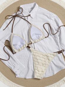 Swim Mod Halter Neck Plain Mesh Bikini Set, Hollow-Out Fabric Paired With Solid Color, Decorated With Accessory At Front - Apricot - View 5