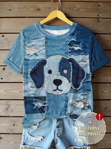 EMERY ROSE Áo thun nữ cổ chữ V họa tiết chó nhỏ nghệ thuật cổ điển và thiết kế khối màu, thích hợp mặc hàng ngày - Nhiều màu - Xem 3