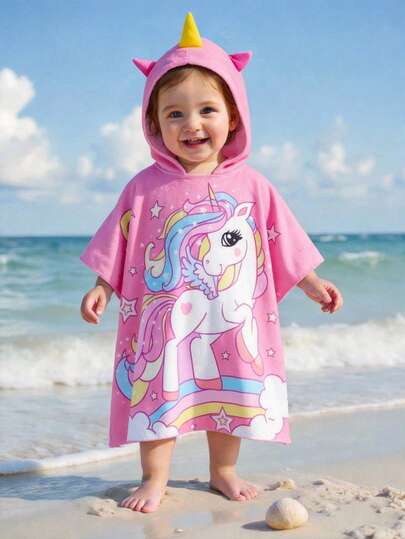 Baby Girls & Toddler Unicorn Print Swimsuit Cover Up, Sun Protection Outfit For Beach/Vacation Toddler Beach Cover Up Pink Hooded Cover Up Toddler Girl Cover Up Unicorn Clothes For Girls Unicorn Swimsuit Baby Girl Unicorn Clothing