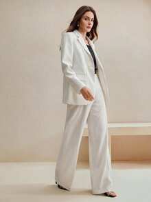 Anewsta 女士西装套装，复古风格纯色西装外套+直筒裤，2件套 - 白色 - 查看 2