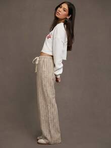 Siren Gaze Women's Tie Waist Striped Wide Leg Loose Casual Pants Stripe Pants Lounge Pants Drawstring Pants Women Linen Pants - Khaki - View 4