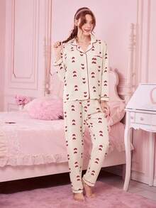 Bonmuse 22pcs Valentine's Day Heart Print Long Sleeve Top And Pants Pajama Set, Casual Loose Fit Homewear Suitable For Indoor And Outdoor, Spring/Summerfor Summer - Multicolor - View 4