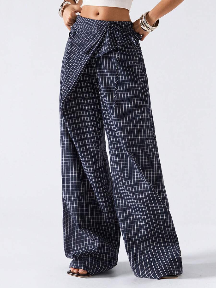 LYSMO 女士侧系腰格子阔腿宽松阔腿裤 - 深灰色 - 查看 1
