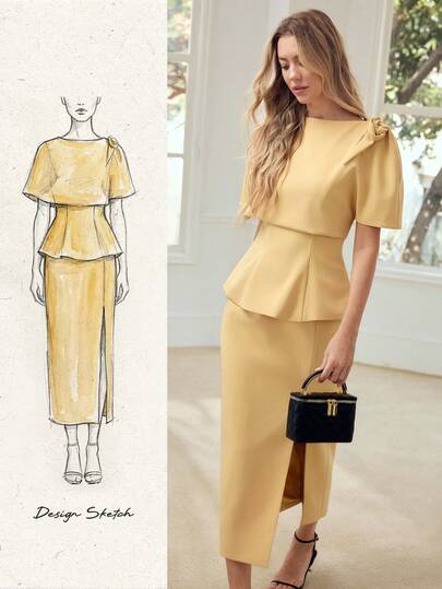 MOTF PREMIUM 2PCS WOMEN'S ELEGANT OUTFIT SET, 3D FLORAL DECOR PEPLUM TOP AND SKIRT, SPRING/SUMMER