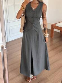 Livesso 2pcs/Set Women's Sleeveless Striped Top And Skirt, Office/Commute Casual Summer Outfit Lounge Sets For Women - Grey - View 4