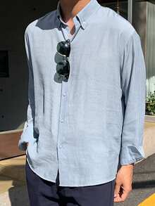 DAZY Men's Long Sleeve Solid Blue Shirt, Spring Summer - Blue - View 5