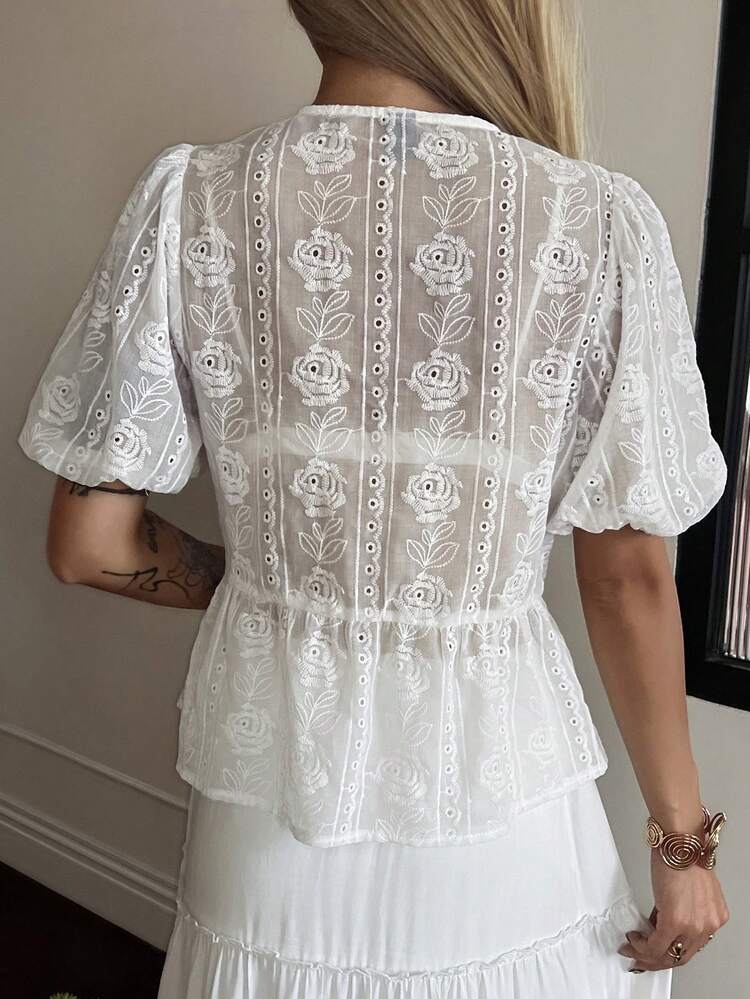 Women's Casual Jacquard Loose Drawstring Neck Petal Sleeve Blouse, Suitable For Summer Holiday